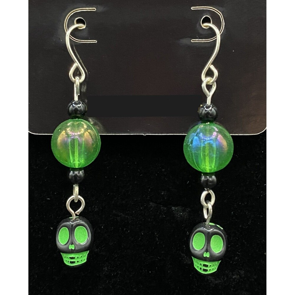 Handmade Neon Green & Black Skull Green & Black Bead Earrings by Neanie-Bot